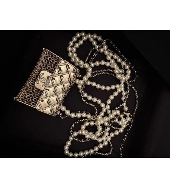 CHANEL MICRO BAG Pendant Bling NECKLACE 2 Strap Crossbody Gold & Pearls - Picture 6 of 13